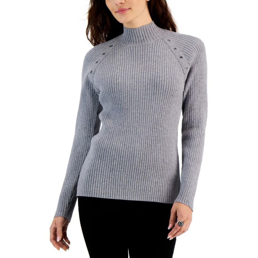 Fever Womens Gray Ribbed Knit Holiday Mock Neck Pullover Sweater Shirt NWT
